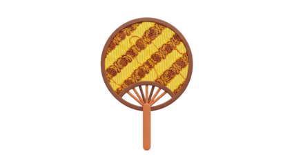3D Round fan with ornate yellow and brown pattern on transparent background