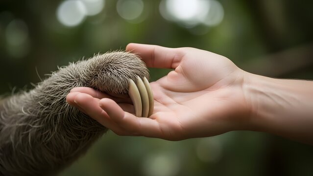 Human hand touching sloth paw detail showing claws soft fur close up - Powered by Adobe