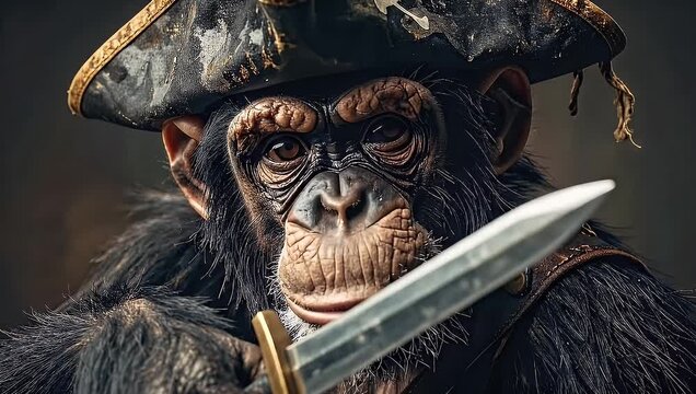 Chimpanzee Pirate with Sword: A Playful and Whimsical Portrait of a Monkey