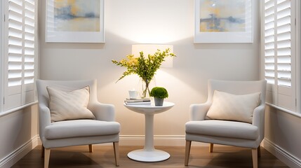 Quiet consultation room with two chairs and small table, soft ambient lighting, neutral tones, realistic professional interior photography