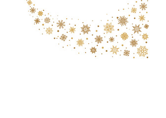 Gold snowflakes wave. Christmas ornaments. Happy Holiday background. Merry xmas snow flakes elements. Winter bg. New Year banner. Light string.