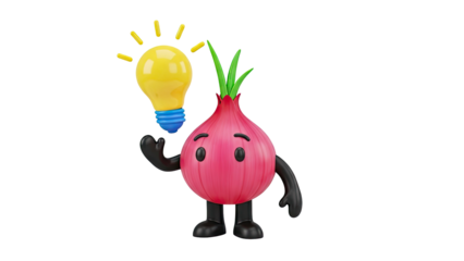 3D Cute Onion Character with a Bright Idea Lightbulb on transparent background