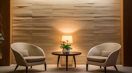 Minimal professional consultation room with two chairs and small table, soft lighting and neutral tones, clean interior background for service pages and business messaging