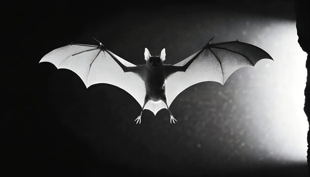 A captivating black and white shot reveals a bat in mid-flight against a mysterious dark background, highlighting its majestic wingspan and intriguing features.