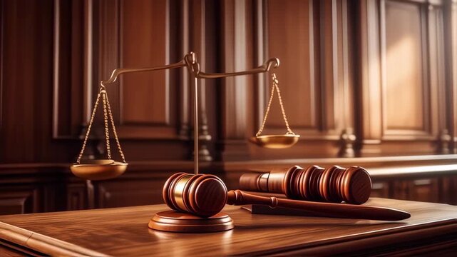 contemplative scene in the courtroom featuring balanced scales of justice, an oaken gavel, and panels creating a sense of solemn jurisprudence