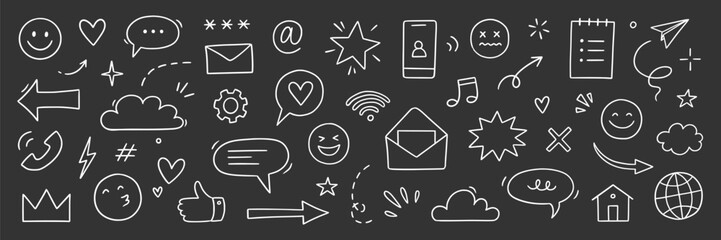 Emoji internet sketch icon set. Internet conversation, media outline tech emoji, star, arrow shape. Hand drawn sketch chat emoticon reaction, cloud, smile face on chalkboard. Vector illustration