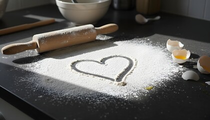 Celebrating the joy of home baking, a heartwarming flour-drawn heart sits on a dark kitchen counter, symbolizing love in every homemade treat
