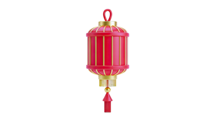 3D Red and Gold Chinese Lantern with Tassel on transparent background