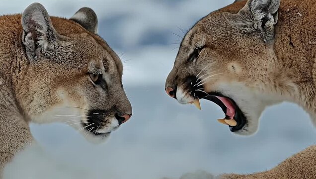 Dramatic Cougar Display: Snow-Kissed Felines Confrontation in Winter Wilderness, Predator Action