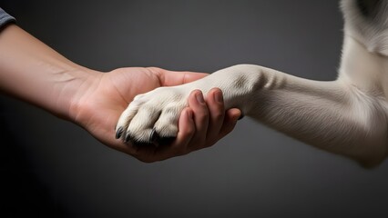 Human hand holding dog paw close up friendship and companionship concept