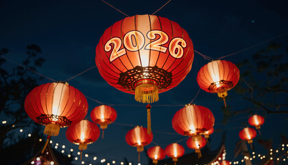 Chinese New Year 2026 Red Lantern Decorations at Night
