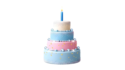 Beautiful multi layer birthday cake with blue candle isolated on transparent background