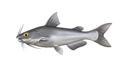 3D Catfish with whiskers and yellow eye on transparent background