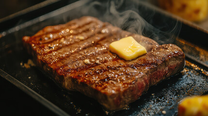 Grilled steak on a hot pan with sizzling butter close up on transparent background
