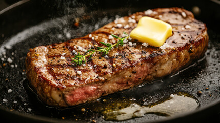 Grilled steak on a hot pan with sizzling butter close up on transparent background