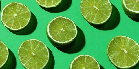 Vibrant Green Limes Sliced in Half on a Glittery Lime Green Background Creating a Repeating Pattern Under Bright Studio Lighting