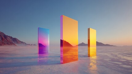 Voxelated Landscape with Three Rectangular Prisms Reflecting Sunset Hues Against a Smooth Sky and Distant Mountains in Digital Art Style