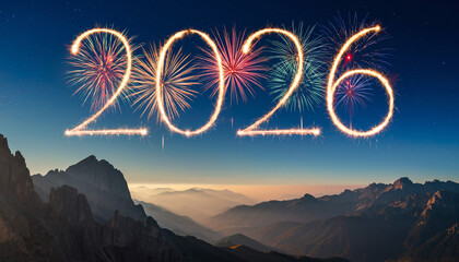 Festive fireworks forming the number 2026 in the night sky above a dramatic mountain landscape, symbolizing New Year celebration, hope, future, and fresh beginnings.