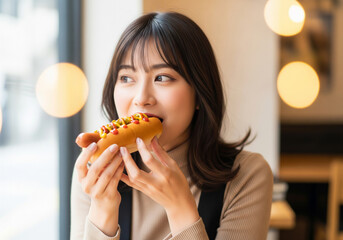 おしゃれなカフェでホットドッグを美味しそうに食べる女性