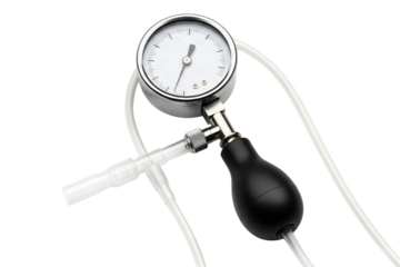 Analog pressure gauge meter with rubber bulb pump and clear tubing on a transparent background
