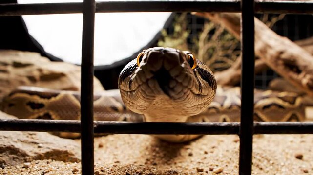 Captivating Close-Up of a Ball Python Behind Bars in a Controlled Environment