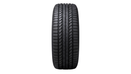 Brand new car tire with advanced tread pattern isolated on transparent background