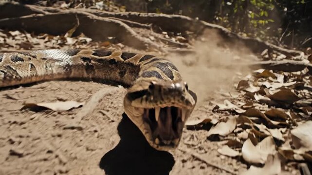 A close encounter with a massive snake displaying its powerful jaws and aggression in nature