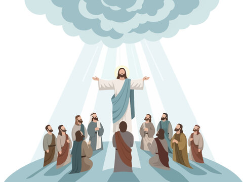 Jesus ascending into heaven before eleven disciples under clouds and light