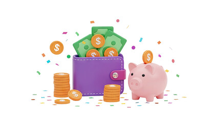 3D Piggy Bank and Wallet with Money and Coins on transparent background