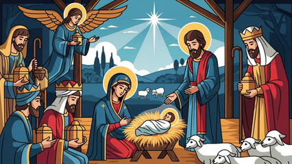 Nativity scene with mary joseph jesus and the three wise men in a stable surrounded by sheep and an angel