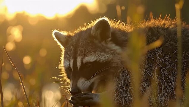 Charming raccoon bathed in golden light, foraging in a sun-drenched, natural habitat during a