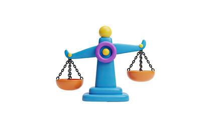 3D Cartoon balance scale with orange bowls and blue stand on transparent background