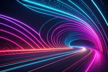 Vibrant neon tunnel with colorful glowing lights speeding through digital landscape