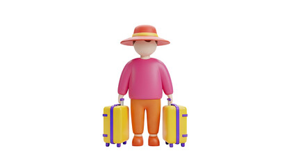 3D character with travel suitcases on transparent background