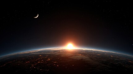 Fototapeta premium Dramatic Sunrise Over Earth Showing City Lights with Crescent Moon in Starry Sky