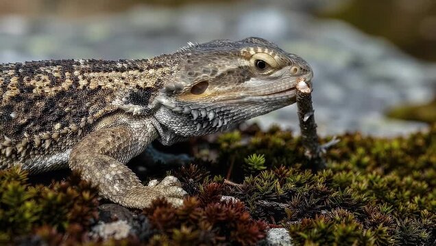 Bearded Dragon Lizard Licking Mouth in Close-up on Mossy Ground, 4K