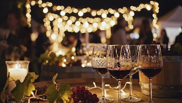 Elegant outdoor evening wine tasting event with festive lights.