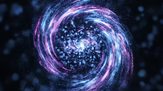 Glowing orb with swirling purple and blue lights on a dark background with stars and stardust in deep space
