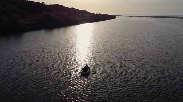 Aerial View of river, Beautiful Aerial View of African Jungles forest and River, Landscape in aerial drone shot. Adove calm tranquil river in Jijel Algeria North Africa, River and green fores trees.