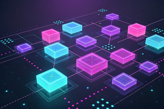 Vibrant neon blocks connect in futuristic network visualization - Powered by Adobe