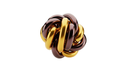3D Intertwined gold and bronze rings forming a knot on transparent background