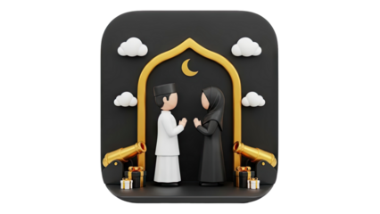 3D Islamic couple under archway with cannons and gifts, Ramadan concept on transparent background