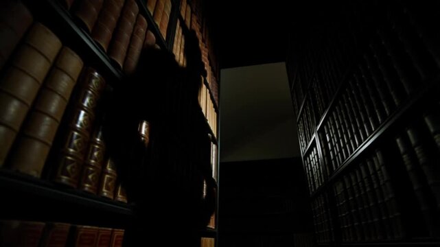 Narrow library aisle showing a distorted elongated shadow of a figure with a hat cast on a bookshelf wall by an unseen light source, chiaroscuro lighting, sense of being watched atmosphere
