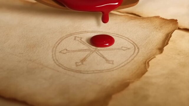 Hot red sealing wax drop falling from a candle onto an old manuscript revealing a glowing cryptic symbol drawn in invisible ink, extreme detail, alchemical revelation atmosphere
