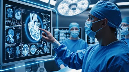 Medical professionals analyzing a heart scan on a computer screen in a hospital - Powered by Adobe