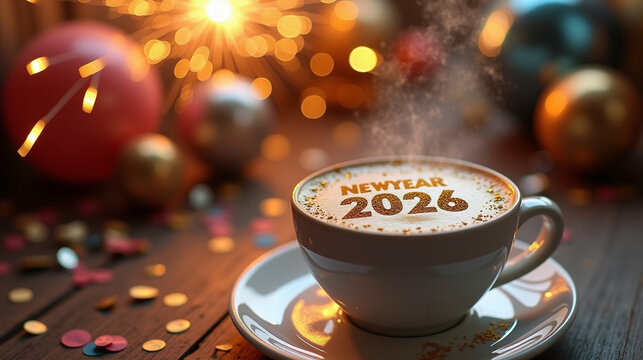 New Year 2026 celebration with steaming coffee cup