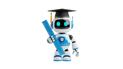 3D Robot graduate holding a ruler on transparent background