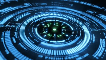 Glowing blue circular digital interface with concentric rings and lines on a dark background - Powered by Adobe