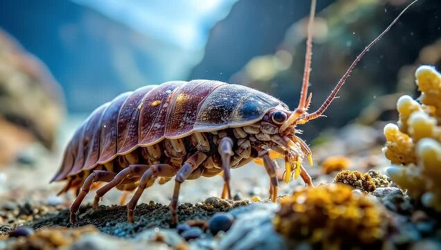 Marine Isopod on Ocean Floor Close-Up, Underwater Sea Creature, 4K