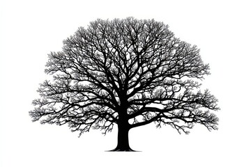 Silhouette of Deciduous Tree with Bare Branches Against White Background in Winter